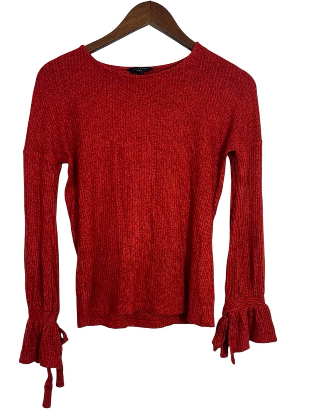 Lucky Brand Rust Orange Ribbed Bell Sleeve Bow Details Blouse Top XS